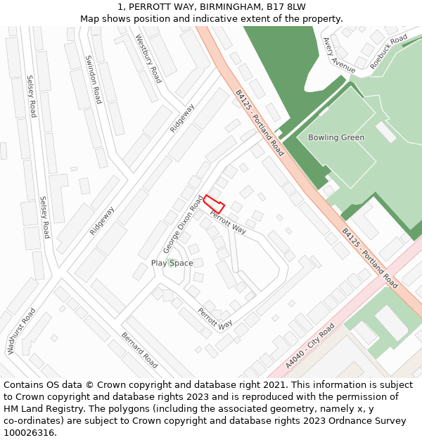 1, PERROTT WAY, BIRMINGHAM, B17 8LW: Location map and indicative extent of plot