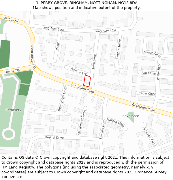 1, PERRY GROVE, BINGHAM, NOTTINGHAM, NG13 8DA: Location map and indicative extent of plot