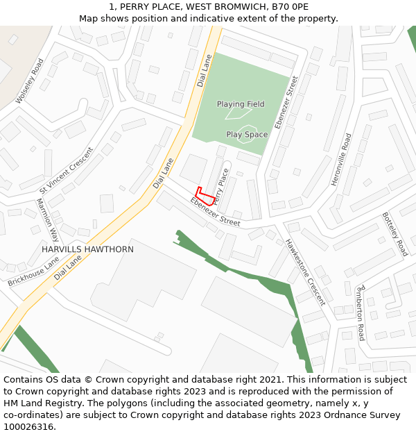 1, PERRY PLACE, WEST BROMWICH, B70 0PE: Location map and indicative extent of plot