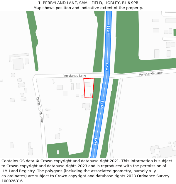 1, PERRYLAND LANE, SMALLFIELD, HORLEY, RH6 9PR: Location map and indicative extent of plot
