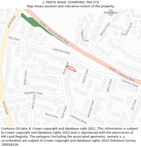 1, PERTH ROAD, STAMFORD, PE9 2TX: Location map and indicative extent of plot