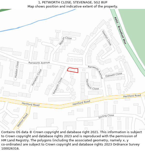 1, PETWORTH CLOSE, STEVENAGE, SG2 8UP: Location map and indicative extent of plot