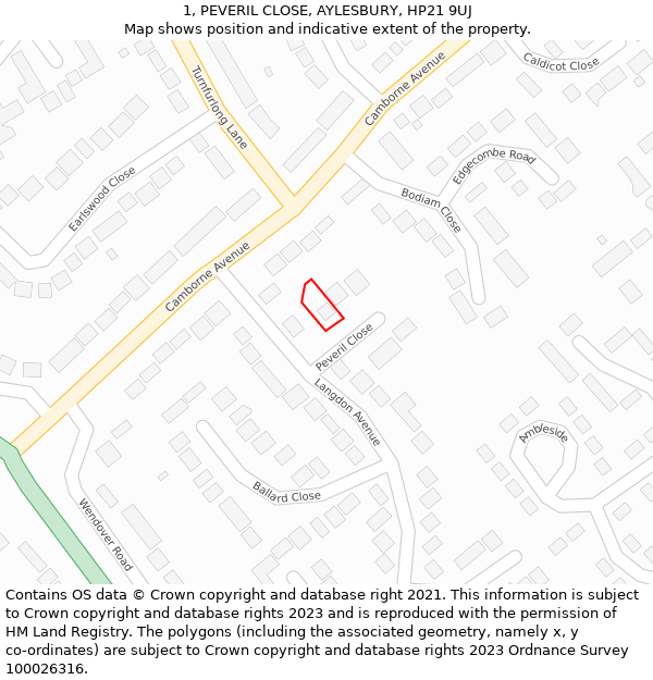 1, PEVERIL CLOSE, AYLESBURY, HP21 9UJ: Location map and indicative extent of plot