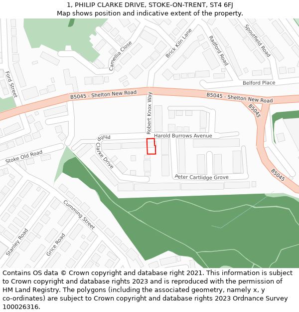 1, PHILIP CLARKE DRIVE, STOKE-ON-TRENT, ST4 6FJ: Location map and indicative extent of plot