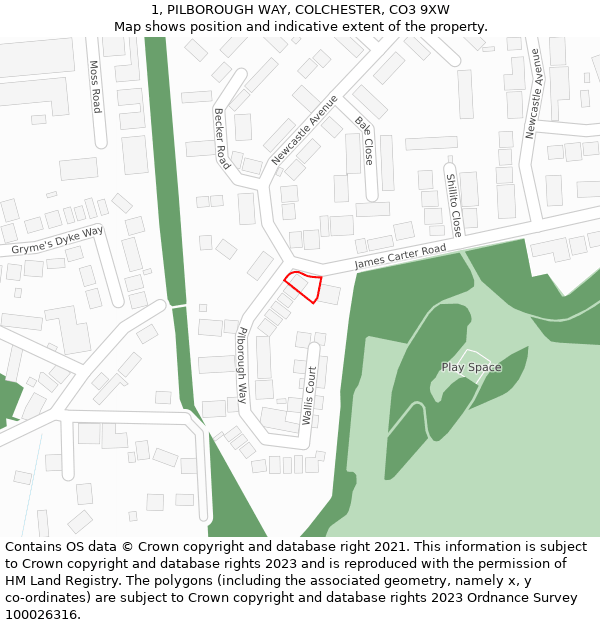 1, PILBOROUGH WAY, COLCHESTER, CO3 9XW: Location map and indicative extent of plot