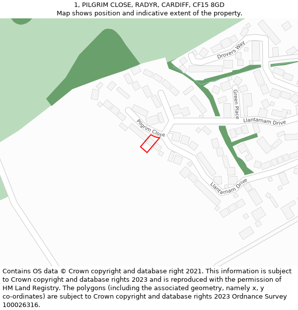 1, PILGRIM CLOSE, RADYR, CARDIFF, CF15 8GD: Location map and indicative extent of plot