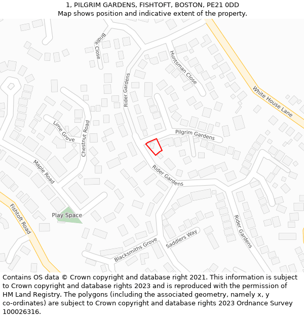 1, PILGRIM GARDENS, FISHTOFT, BOSTON, PE21 0DD: Location map and indicative extent of plot