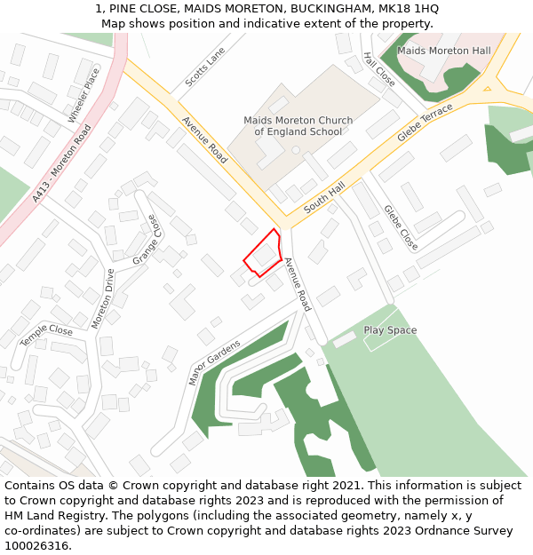 1, PINE CLOSE, MAIDS MORETON, BUCKINGHAM, MK18 1HQ: Location map and indicative extent of plot