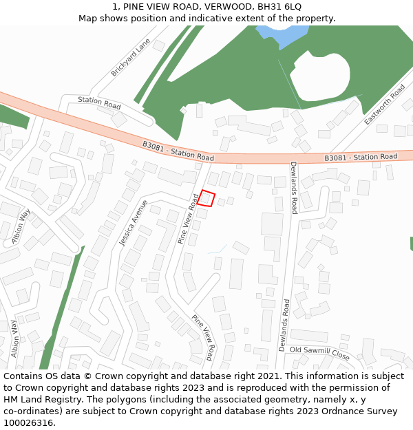 1, PINE VIEW ROAD, VERWOOD, BH31 6LQ: Location map and indicative extent of plot