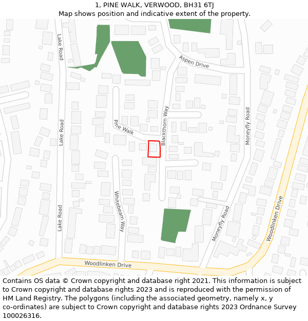 1, PINE WALK, VERWOOD, BH31 6TJ: Location map and indicative extent of plot