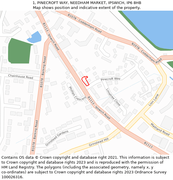 1, PINECROFT WAY, NEEDHAM MARKET, IPSWICH, IP6 8HB: Location map and indicative extent of plot