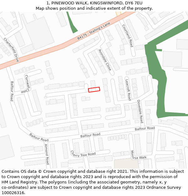 1, PINEWOOD WALK, KINGSWINFORD, DY6 7EU: Location map and indicative extent of plot
