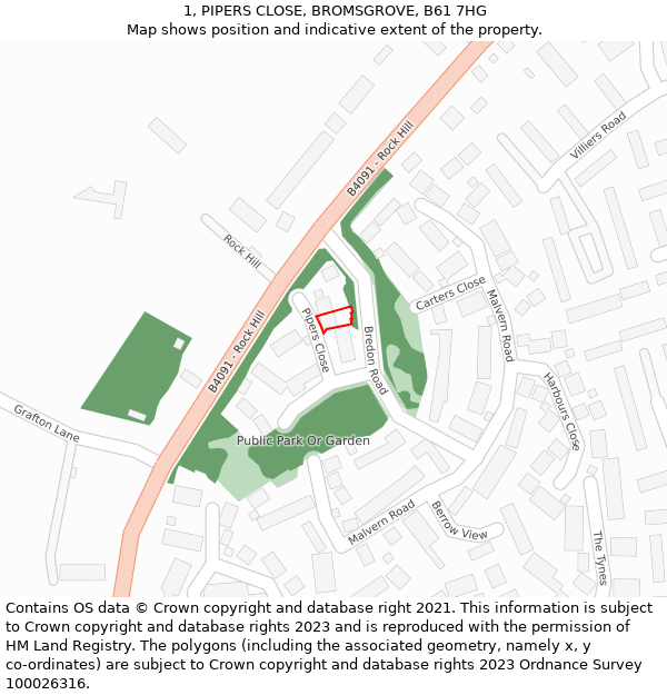 1, PIPERS CLOSE, BROMSGROVE, B61 7HG: Location map and indicative extent of plot