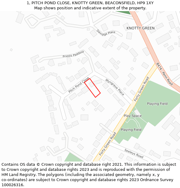 1, PITCH POND CLOSE, KNOTTY GREEN, BEACONSFIELD, HP9 1XY: Location map and indicative extent of plot