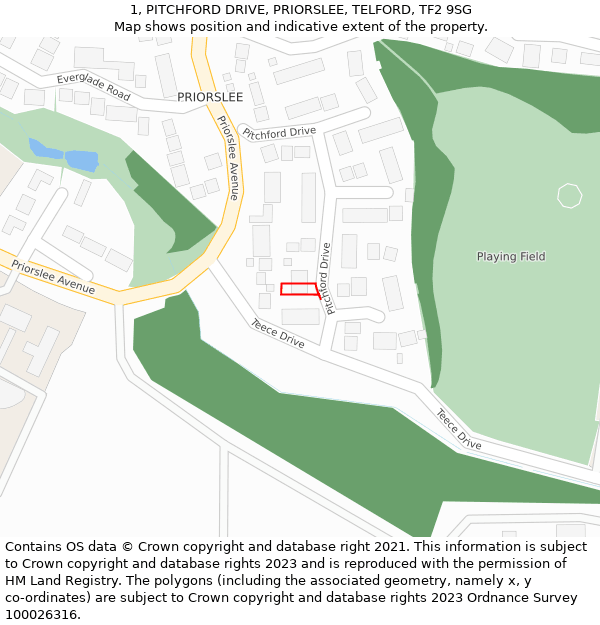 1, PITCHFORD DRIVE, PRIORSLEE, TELFORD, TF2 9SG: Location map and indicative extent of plot