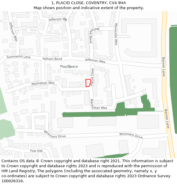 1, PLACID CLOSE, COVENTRY, CV4 9HA: Location map and indicative extent of plot