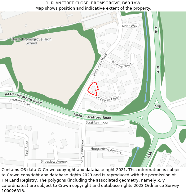1, PLANETREE CLOSE, BROMSGROVE, B60 1AW: Location map and indicative extent of plot