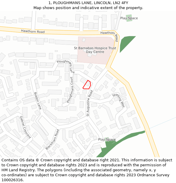 1, PLOUGHMANS LANE, LINCOLN, LN2 4FY: Location map and indicative extent of plot