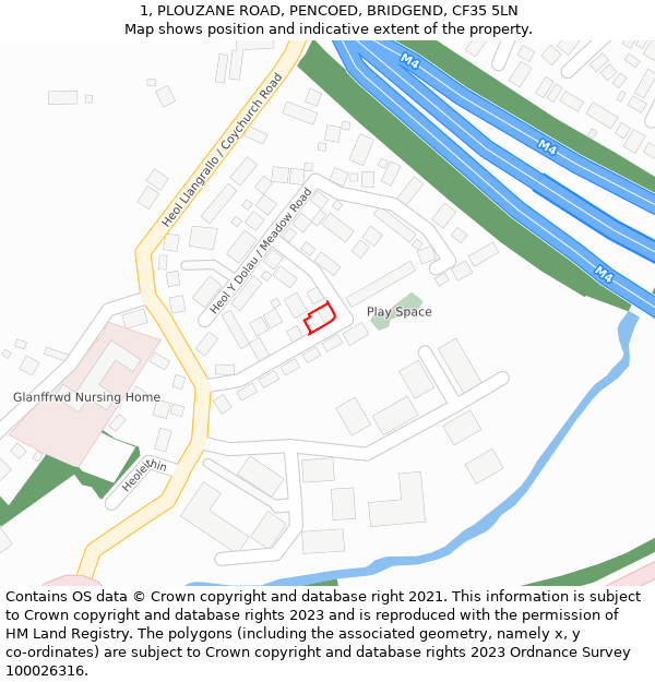 1, PLOUZANE ROAD, PENCOED, BRIDGEND, CF35 5LN: Location map and indicative extent of plot
