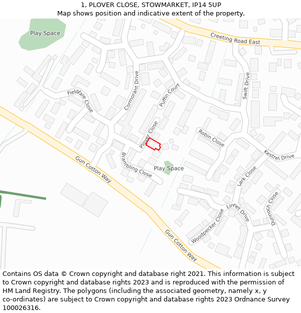 1, PLOVER CLOSE, STOWMARKET, IP14 5UP: Location map and indicative extent of plot