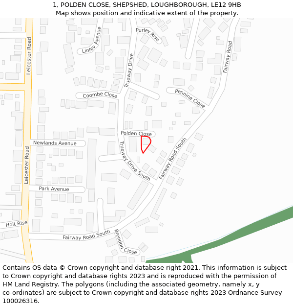 1, POLDEN CLOSE, SHEPSHED, LOUGHBOROUGH, LE12 9HB: Location map and indicative extent of plot