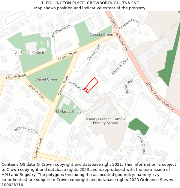 1, POLLINGTON PLACE, CROWBOROUGH, TN6 2NG: Location map and indicative extent of plot