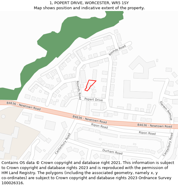 1, POPERT DRIVE, WORCESTER, WR5 1SY: Location map and indicative extent of plot