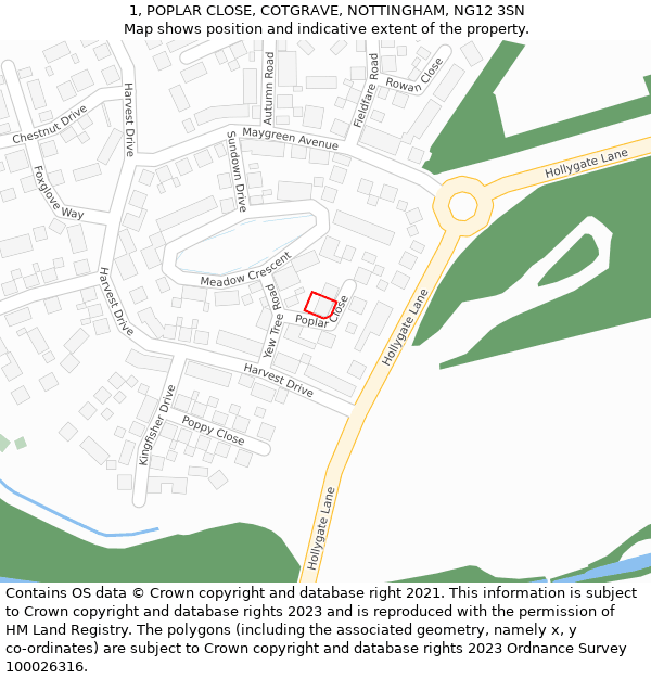 1, POPLAR CLOSE, COTGRAVE, NOTTINGHAM, NG12 3SN: Location map and indicative extent of plot