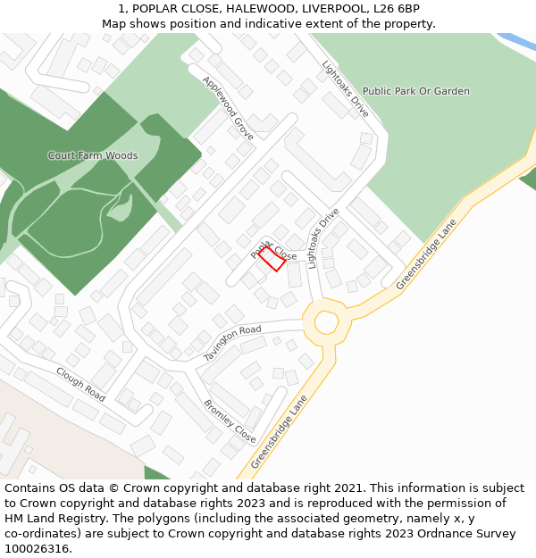 1, POPLAR CLOSE, HALEWOOD, LIVERPOOL, L26 6BP: Location map and indicative extent of plot