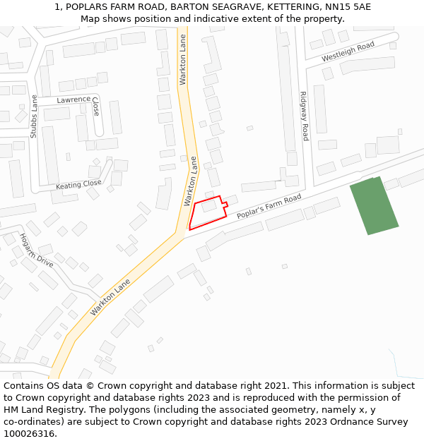 1, POPLARS FARM ROAD, BARTON SEAGRAVE, KETTERING, NN15 5AE: Location map and indicative extent of plot