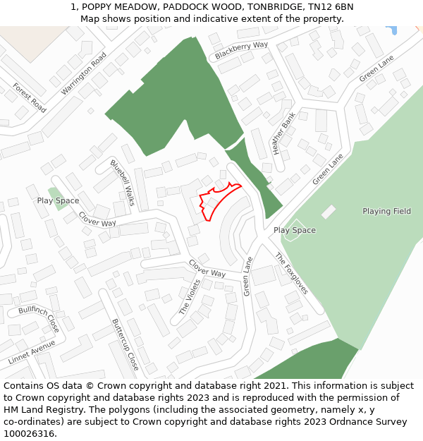 1, POPPY MEADOW, PADDOCK WOOD, TONBRIDGE, TN12 6BN: Location map and indicative extent of plot