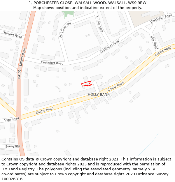 1, PORCHESTER CLOSE, WALSALL WOOD, WALSALL, WS9 9BW: Location map and indicative extent of plot