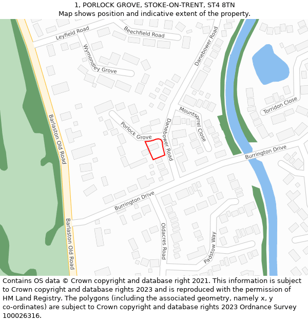 1, PORLOCK GROVE, STOKE-ON-TRENT, ST4 8TN: Location map and indicative extent of plot