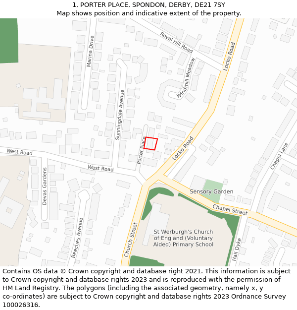 1, PORTER PLACE, SPONDON, DERBY, DE21 7SY: Location map and indicative extent of plot