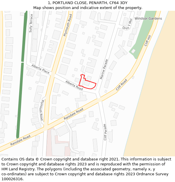 1, PORTLAND CLOSE, PENARTH, CF64 3DY: Location map and indicative extent of plot