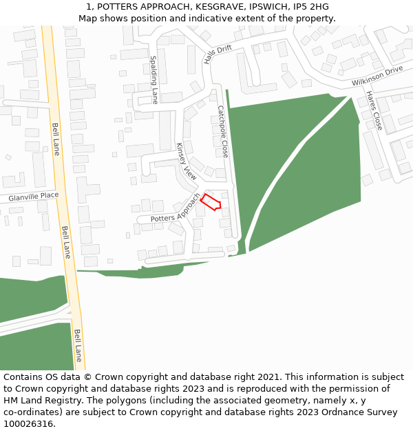 1, POTTERS APPROACH, KESGRAVE, IPSWICH, IP5 2HG: Location map and indicative extent of plot