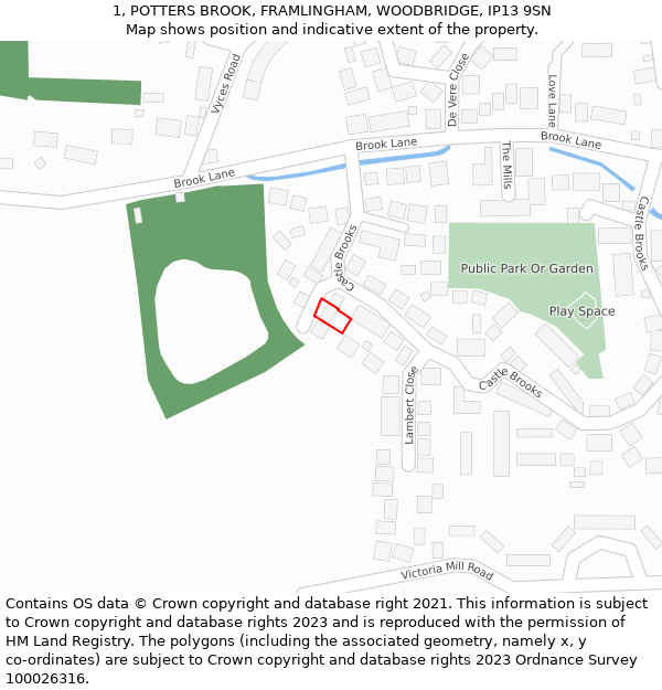 1, POTTERS BROOK, FRAMLINGHAM, WOODBRIDGE, IP13 9SN: Location map and indicative extent of plot