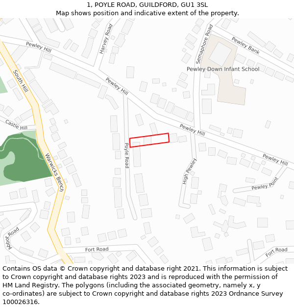 1, POYLE ROAD, GUILDFORD, GU1 3SL: Location map and indicative extent of plot