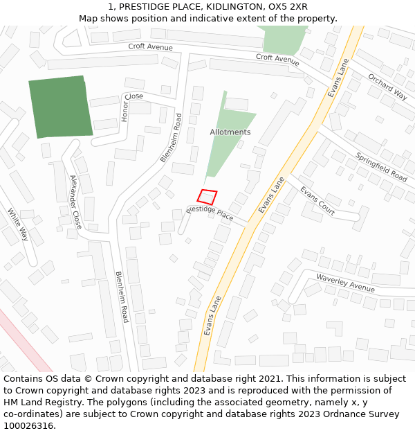 1, PRESTIDGE PLACE, KIDLINGTON, OX5 2XR: Location map and indicative extent of plot