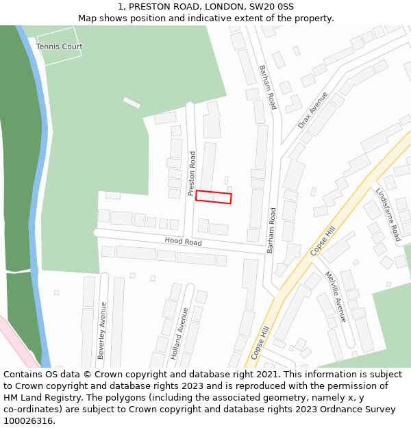 1, PRESTON ROAD, LONDON, SW20 0SS: Location map and indicative extent of plot