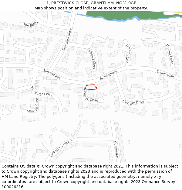 1, PRESTWICK CLOSE, GRANTHAM, NG31 9GB: Location map and indicative extent of plot