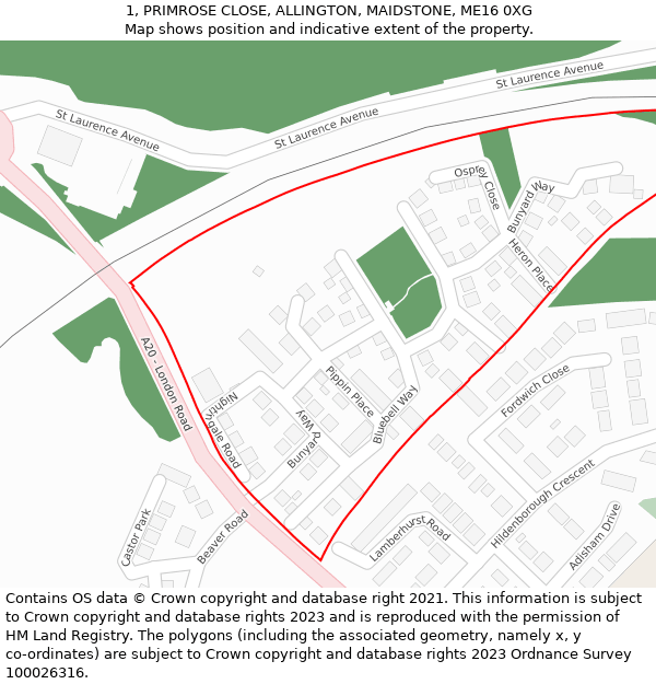 1, PRIMROSE CLOSE, ALLINGTON, MAIDSTONE, ME16 0XG: Location map and indicative extent of plot