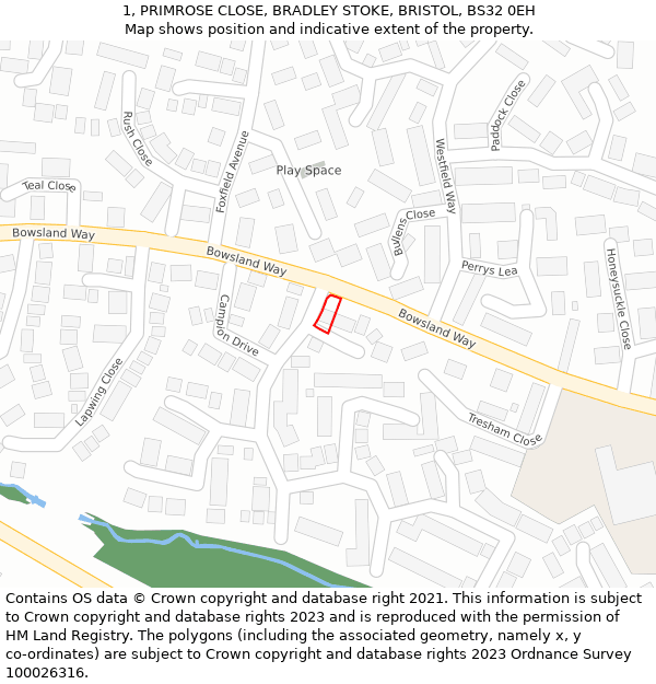 1, PRIMROSE CLOSE, BRADLEY STOKE, BRISTOL, BS32 0EH: Location map and indicative extent of plot