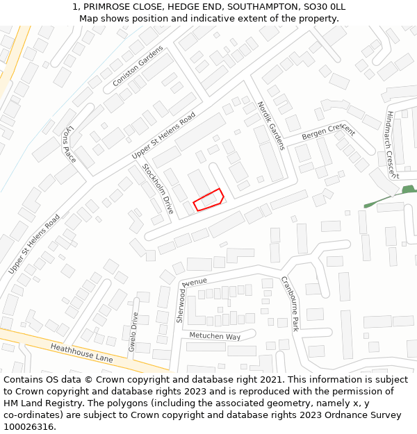 1, PRIMROSE CLOSE, HEDGE END, SOUTHAMPTON, SO30 0LL: Location map and indicative extent of plot