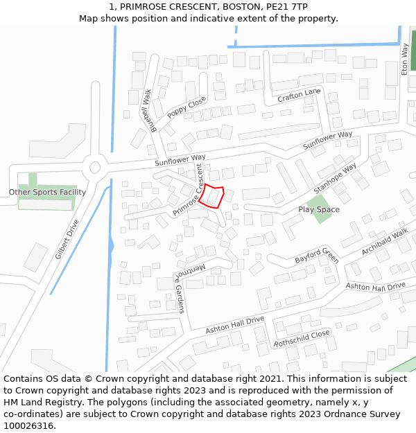 1, PRIMROSE CRESCENT, BOSTON, PE21 7TP: Location map and indicative extent of plot