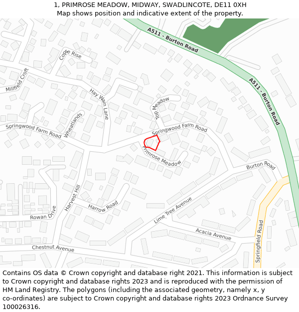 1, PRIMROSE MEADOW, MIDWAY, SWADLINCOTE, DE11 0XH: Location map and indicative extent of plot