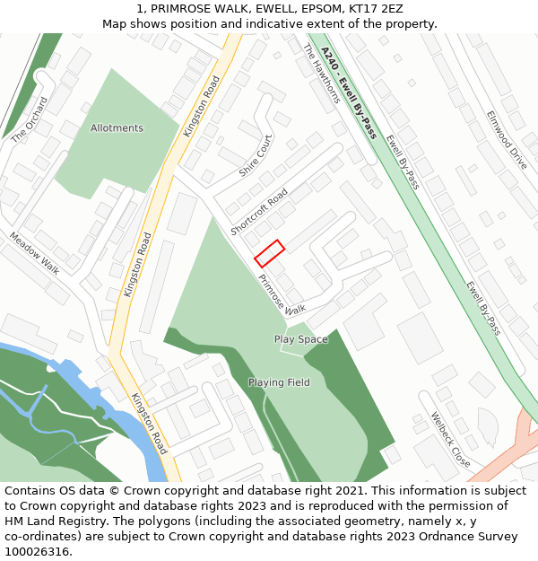 1, PRIMROSE WALK, EWELL, EPSOM, KT17 2EZ: Location map and indicative extent of plot