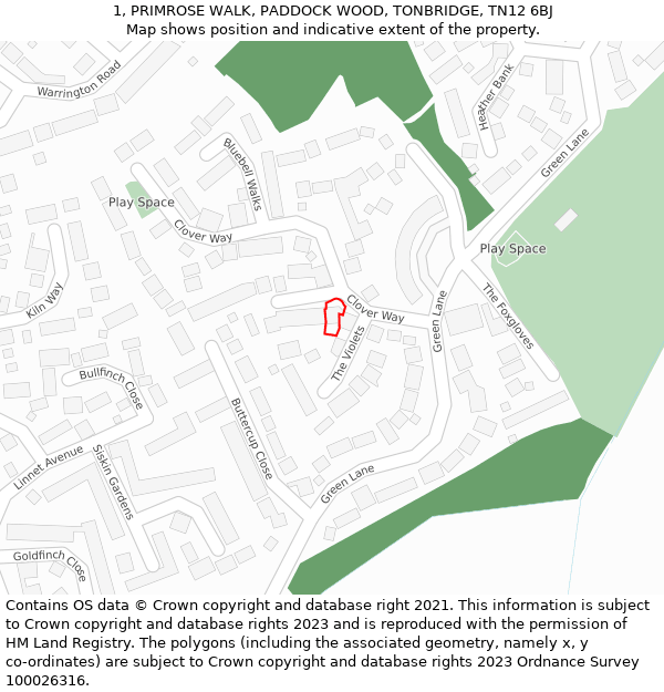 1, PRIMROSE WALK, PADDOCK WOOD, TONBRIDGE, TN12 6BJ: Location map and indicative extent of plot