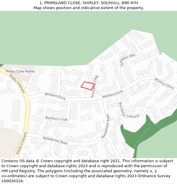 1, PRIMSLAND CLOSE, SHIRLEY, SOLIHULL, B90 4YH: Location map and indicative extent of plot