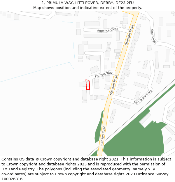 1, PRIMULA WAY, LITTLEOVER, DERBY, DE23 2FU: Location map and indicative extent of plot